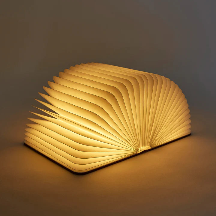 Book-shaped lamp with a warm glow on a dark background