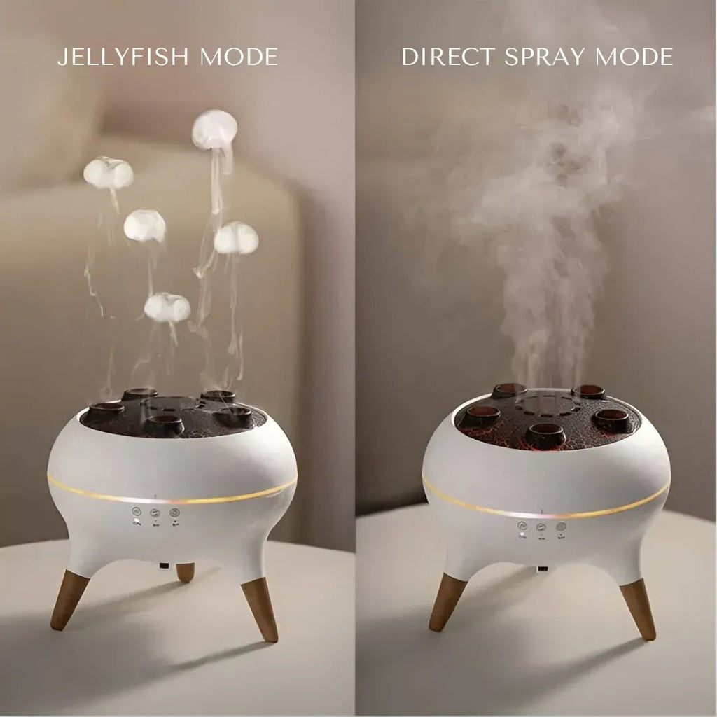 Two modes of a white diffuser with 'Jellyfish Mode' on the left and 'Direct Spray Mode' on the right.