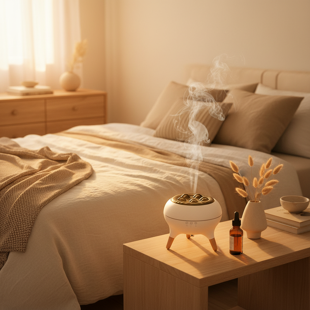 Aromatherapy diffuser on a nightstand with a bed in the background